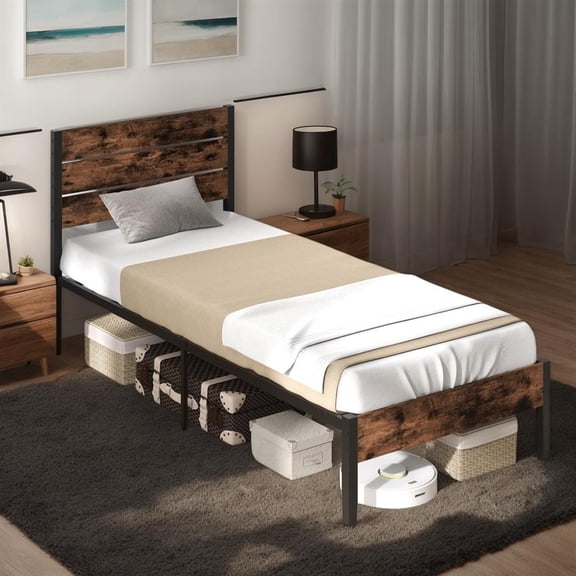 Topcobe Full/King/Queen/Twin Size Bed Frame with High Headboard and Mute Bar, Platform Bed Frame, Indoor Furniture for Bedroom-Twin Size