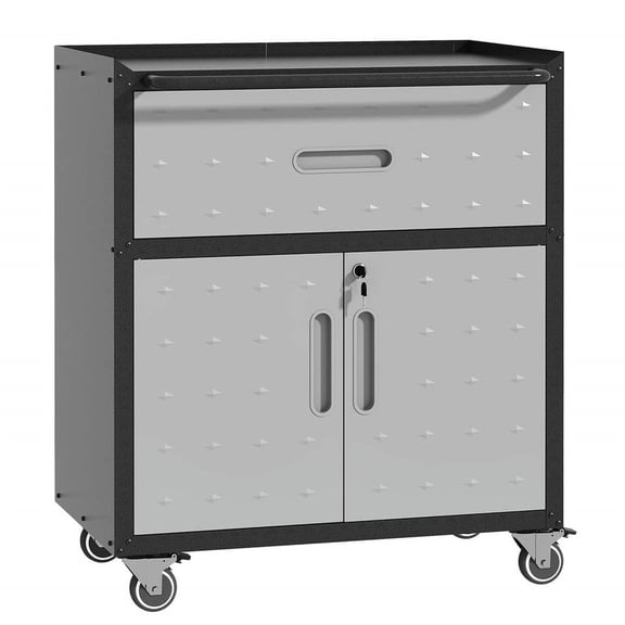 Topcobe Garage Storage Cabinet, Heavy-Duty Rolling Tool Box with 1 Drawer & 2 Locking Doors, Mobile Metal Tool Organizer, Perfect for Workshop, Black & Gray