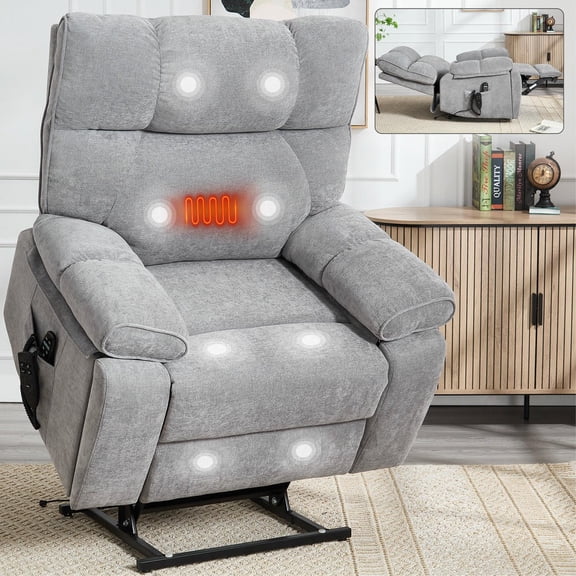 Topcobe Grey Heat Massage Dual Motor Infinite Position Up to 350 LBS Large Electric Power Lift Recliners with Hidden Cup Holders, Power-Remote, Medium-Firm and Heavy Duty, Modern Furniture for Home
