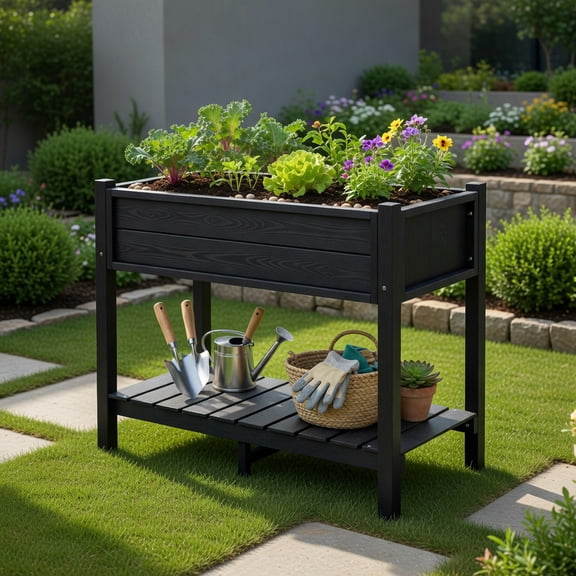 Topcobe HIPS Raised Garden Bed Poly Wood Elevated Planter Box, Planters for Outdoor Plants, Planter Boxes for Garden Yard, Black