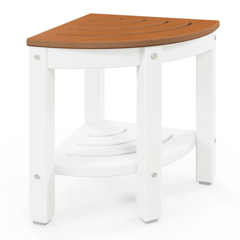 Brown and White HDPE Corner Shower Bench with Storage Shelf