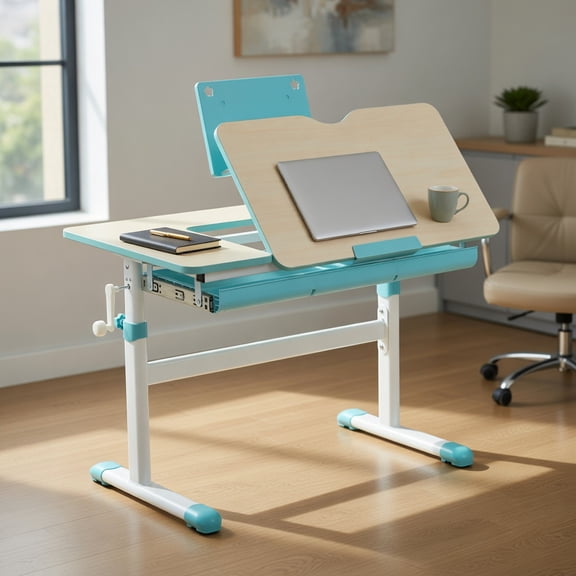 Topcobe Height-Adjustable Kids Desk with Tilt Desktop and Book Stand, Children Study Table, Student Writing Desk, Blue
