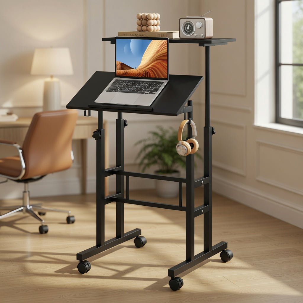 Topcobe Height Adjustable Mobile Standing Desk with Rolling Wheels for Office and Home, Computer Workstations for Living Room