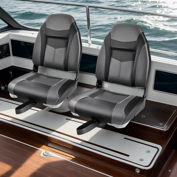 Topcobe High Back Folding Boat Seats with Black Grey Sponge Cushion and Flexible Hinges, Waterproof Fishing Captain Boat Seats-Set of 2