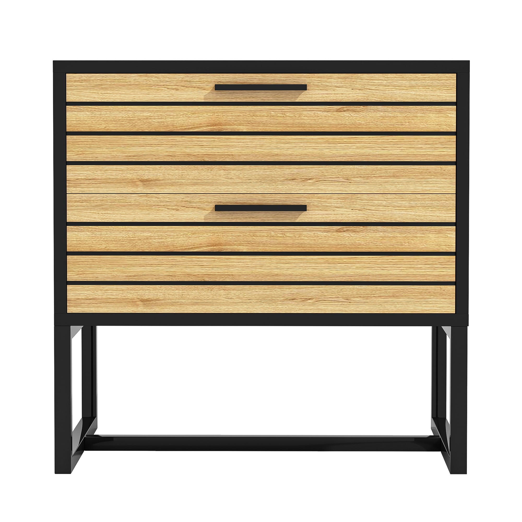 Topcobe Horizontal Striped Nightstand With 2 Drawers, Original Wood Effect Decorated Suitable for Bedroom Living Room, Fawn