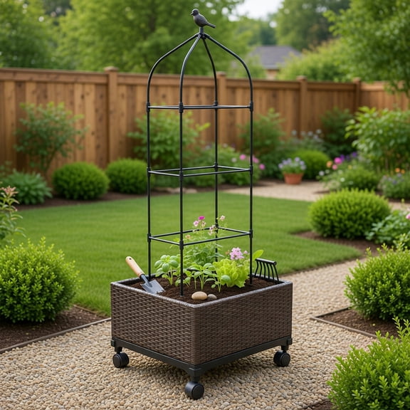 Topcobe Indoor Outdoor Raised Garden Bed with Trellis and Self-Drainage and Wheels, Decor for Indoor Outdoor Garden, Patio-Black