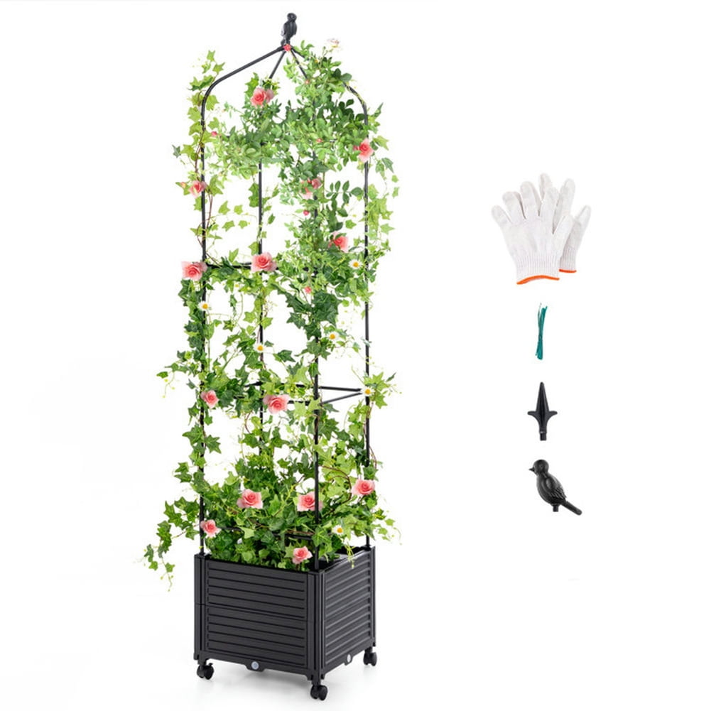 Topcobe Indoor Outdoor Raised Garden Bed with Trellis and Self-Drainage and Wheels, Decor for Indoor Outdoor Garden, Patio-Black