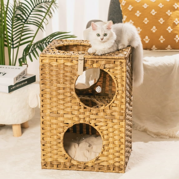 Topcobe Indoor Wicker Cat Condos with Rattan Ball & Cushion, Rattan Pet Bed for Kitty, Brown