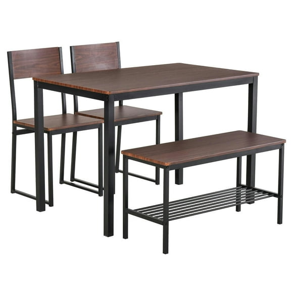 Topcobe Industrial 4 Piece Dining Room Table Set with Bench Wooden Kitchen Table and Chairs w/ Storage Rack for Kitchen, Dinette, Indoor Modern Furniture for Dining Room, Brown/Black