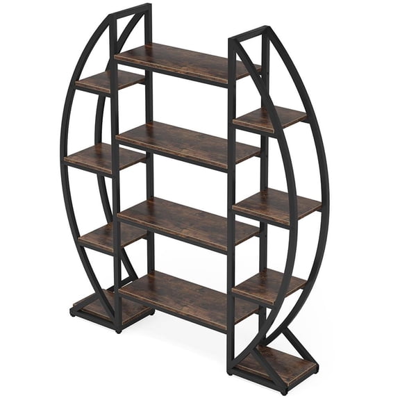 Topcobe Industrial Bookshelf, Oval Triple Wide Etagere Bookcases Display Shelves, Indoor Furniture, Modern Furniture for Living Room, Rustic Brown