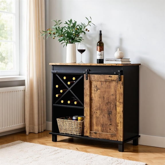 Topcobe Industrial Storage Cabinet with Sliding Barn Door, Storage Cabinets for Living Room-Rustic Brown