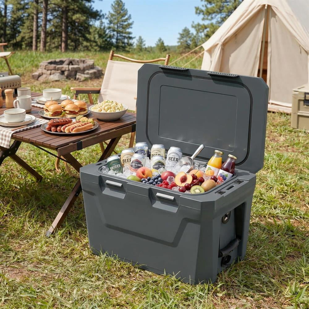 Topcobe Insulated Portable Cooler Hard Shell Ice Chest with 2 Cup Holders Bottle Opener and Drain Plug, Portable Water Cooler, Cooler with Wheels-Gray