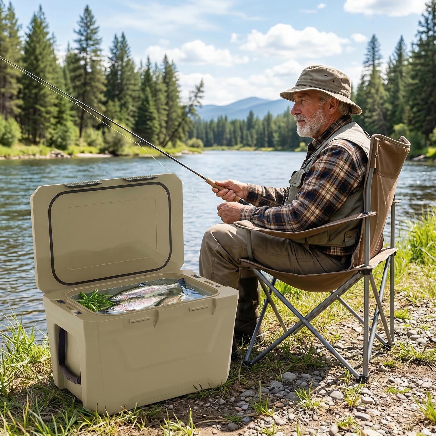 Topcobe Insulated Portable Cooler Hard Shell Ice Chest with 2 Cup Holders Bottle Opener and Drain Plug, Portable Water Cooler, Cooler with Wheels-Sand Color