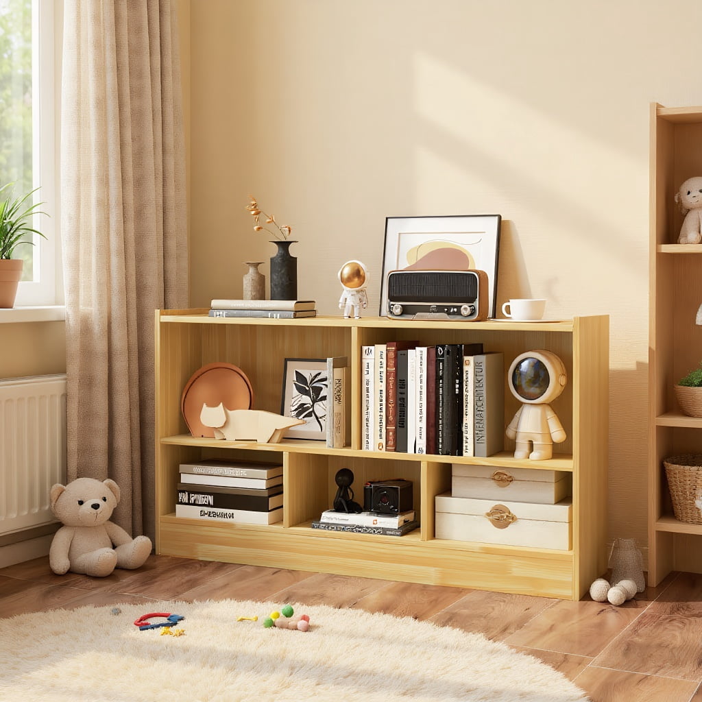 Topcobe Kids 2-Shelf Bookcase 5-Cube Wood Toy Storage Cabinet Organizer, Kids Toy Storage Organizer-Beige