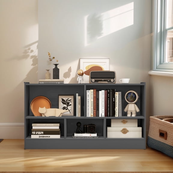 Topcobe Kids 2-Shelf Bookcase 5-Cube Wood Toy Storage Cabinet Organizer, Kids Toy Storage Organizer-Gray