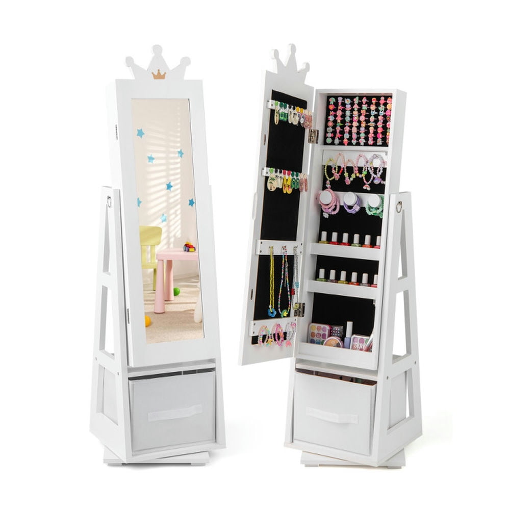 White MDF Kids Jewelry Armoire Cabinet with Mirror and Storage