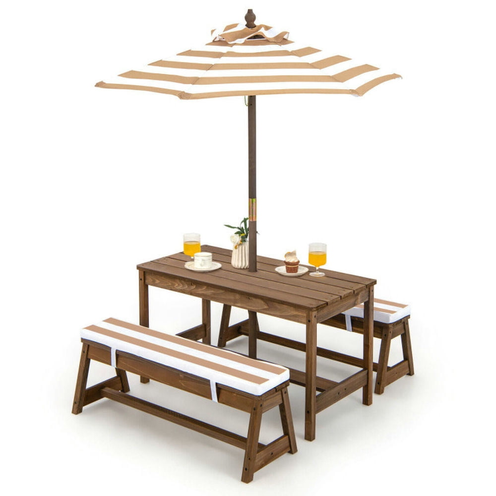 Topcobe Kids Picnic Table and Bench Set with Cushions and Height Adjustable Umbrella, Kids Patio Furniture for Backyard, Garden-Brown Topcobe Kids Picnic Table and Bench Set with Cushions and Height Adjustable Umbrella, Kids Patio Furniture for Backyard, Garden-Brown