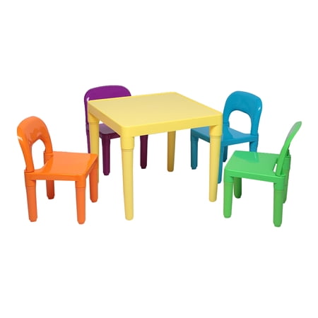 Topcobe Kids Table and Chairs Set, Colorful Kids Plastic Table and 4 Chairs Set for Children Toddler, Simple Table Desk Sets for Playing Reading Studying in Playroom Kindergarten Game Rooms