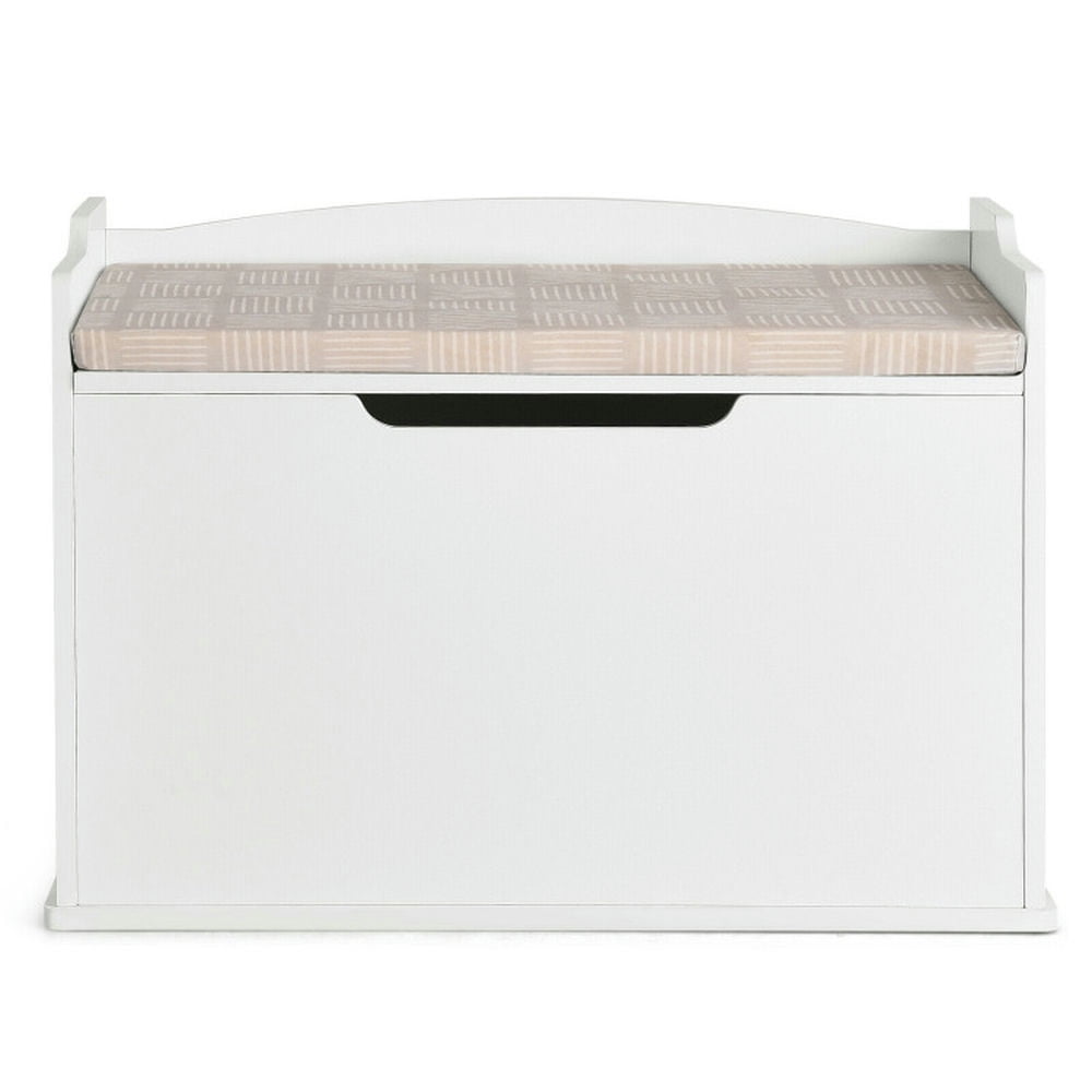White MDF Toy Storage Bench with Cushion and Safety Hinge