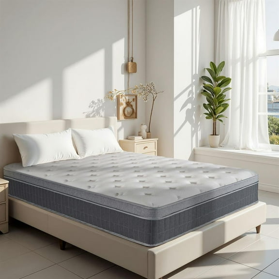 Topcobe King-Size Mattress with 14" Memory Foam Hybrid, Pocketed Springs, Edge Support, Motion Isolation, Medium-Firm Comfort, Perfect for Sleep, White/Gray