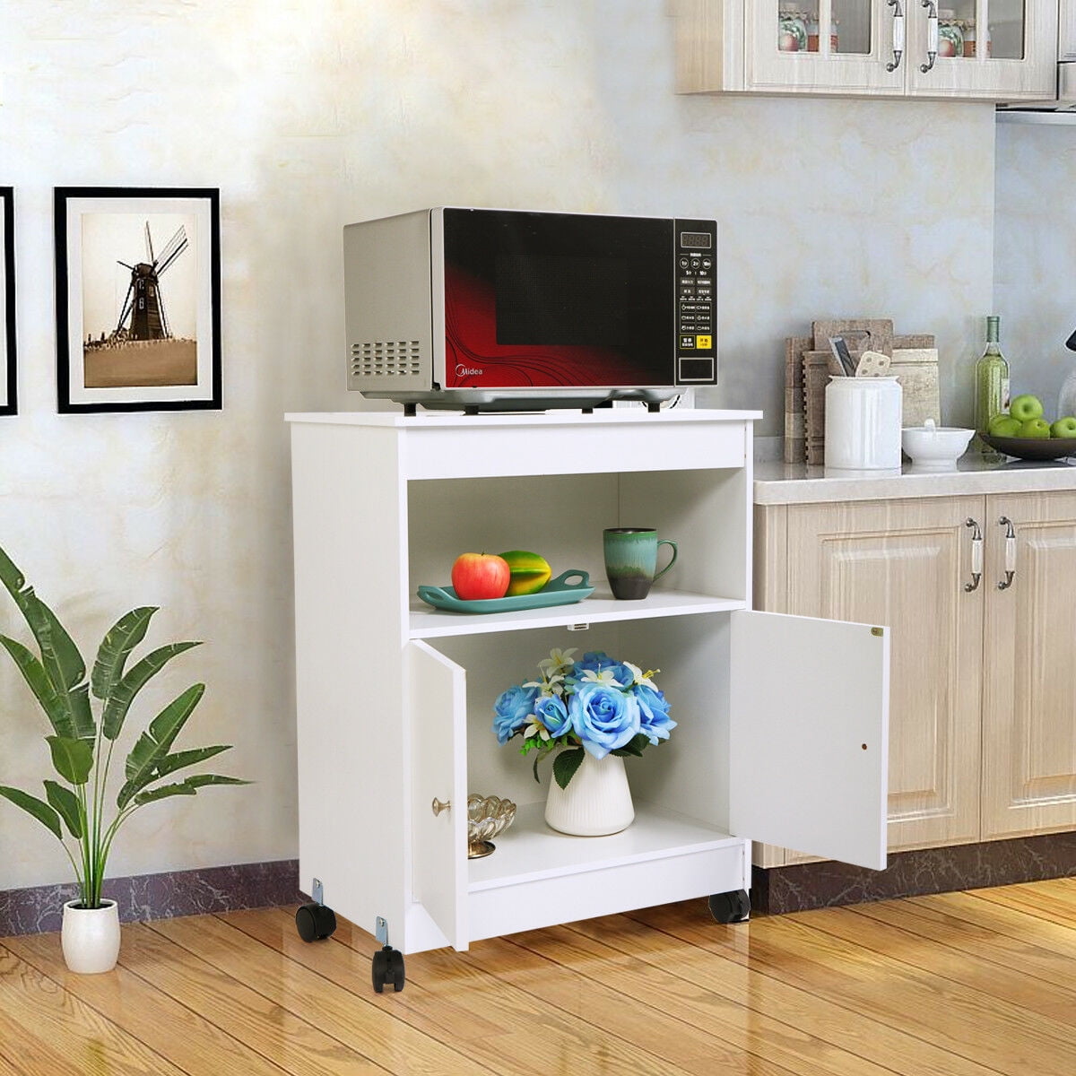 Topcobe Kitchen Cabinet, Kitchen Carts and Islands, Wooden Rolling Kitchen Cart, Modern Large Open Shelf Cabinet Microwave Cart Storage, White Topcobe Kitchen Cabinet, Kitchen Carts and Islands, Wooden Rolling Kitchen Cart, Modern Large Open Shelf Cabinet Microwave Cart Storage, White