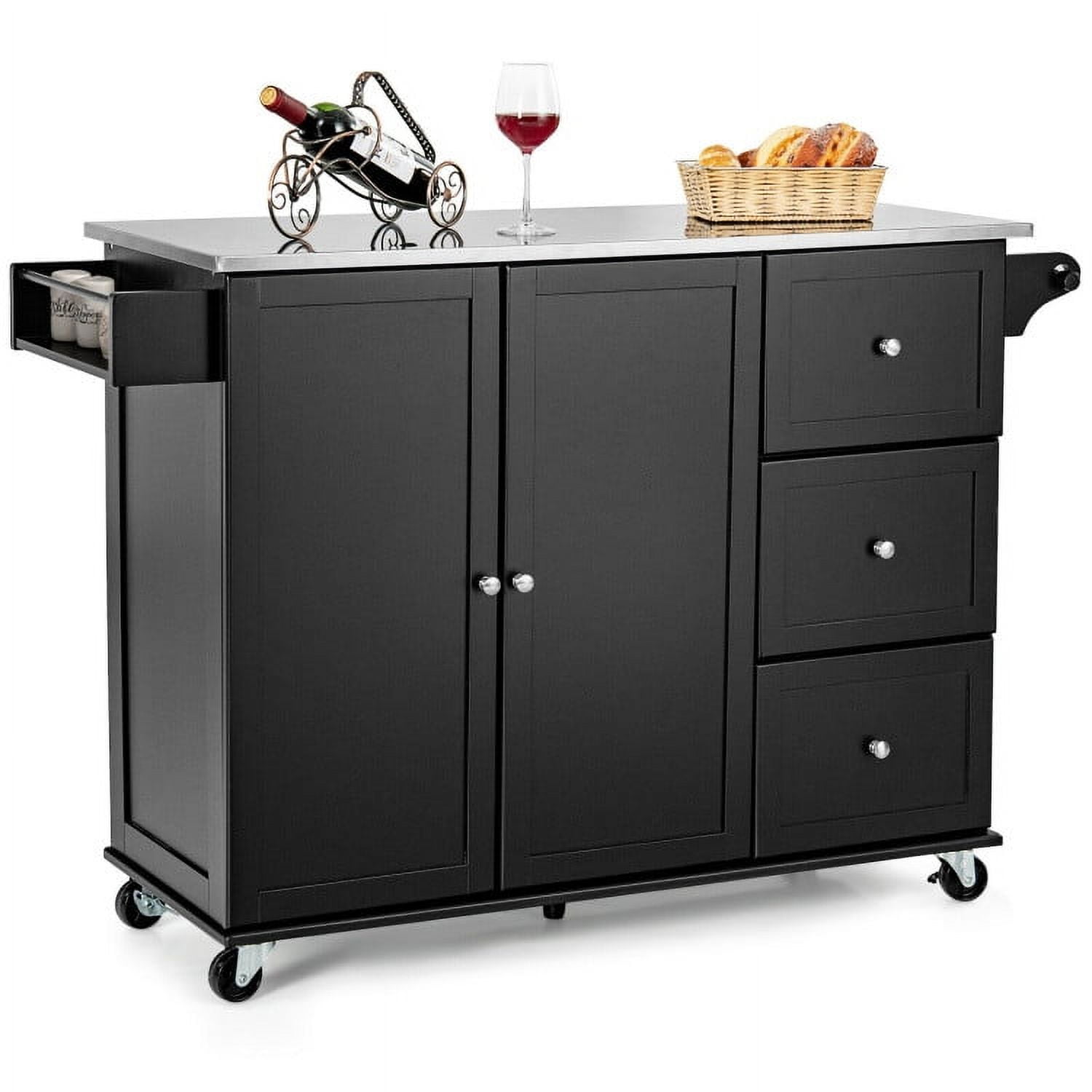 Topcobe Kitchen Island 2-Door Storage Cabinet with Drawers and Stainless Steel Top, Portable Kitchen Carts on Wheels with Storage, Black