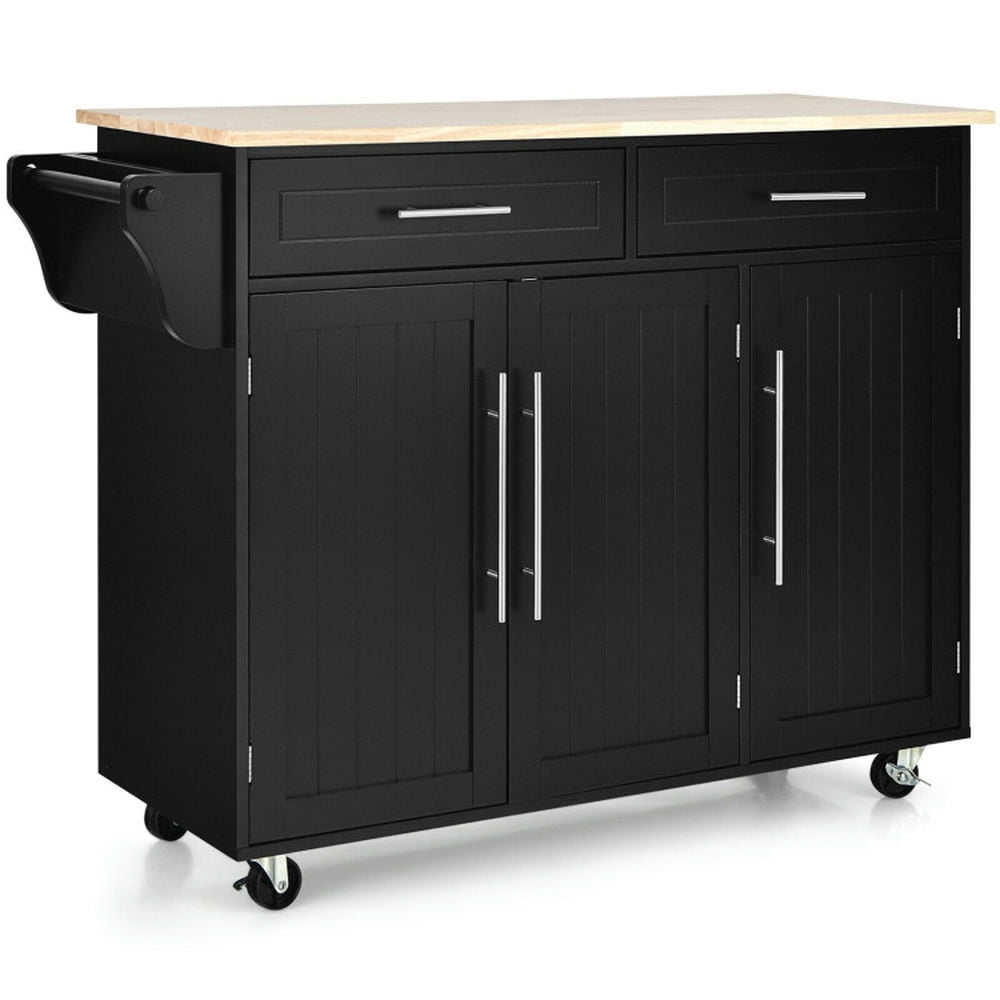 Black MDF and Rubberwood Kitchen Island Trolley Cart with Knife Block