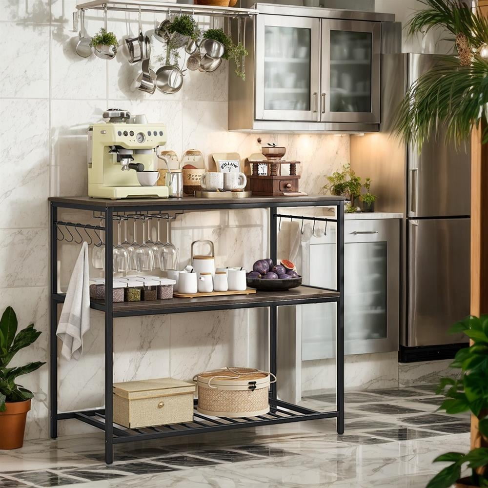 Topcobe Kitchen Island with 3 Shelves Wine Glass Holders and 10 Hooks, Modern furniture for Kitchen Living Room-Gray