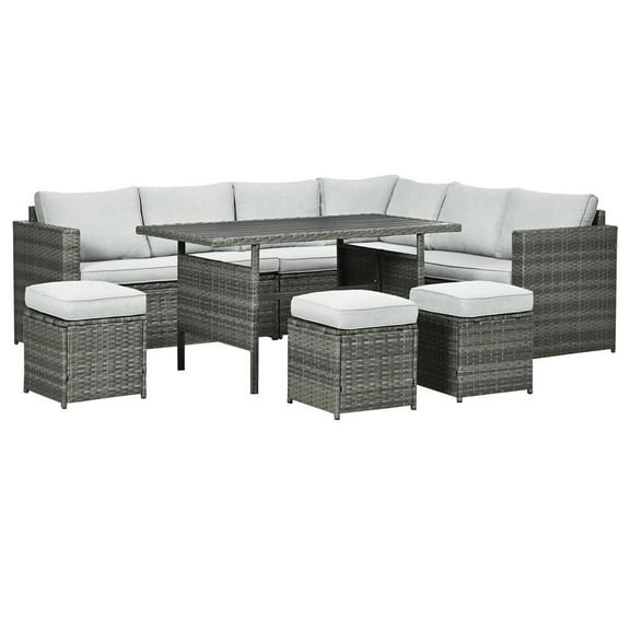 Topcobe L-Shaped 7-Piece Outdoor Sectional Set, Dining Table, Loveseat, Ottomans, Cushions, Gray Wicker Patio Furniture Collection