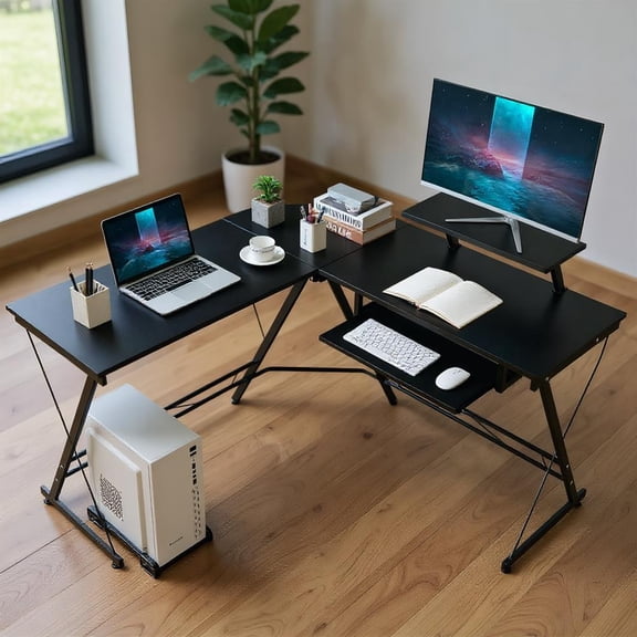 Topcobe L Shaped Computer Desk Home Office Workstation with Movable Monitor Stand, Desks for Bedrooms, Ideal for Working and Studying, Black