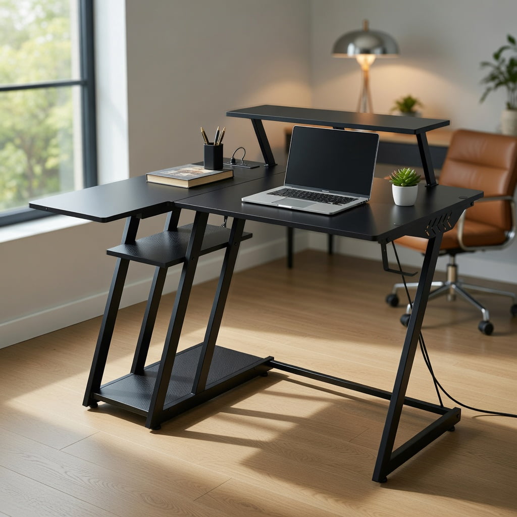 Topcobe L Shaped Gaming Desk with Outlets and USB Ports, Home Office Furniture, Ideal for Working and Studying, Black