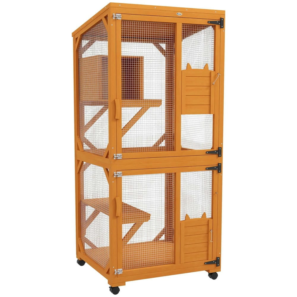 Topcobe Large Cat House for 1-3 Cats on Wheels Wooden Catio Enclosure, Outside Pet Shelter, Small Animal Habitat, Orange