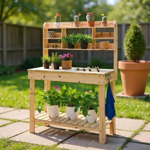 Topcobe Large Garden Potting Bench Table with Display Rack and Hidden Sink, Multi Tier Plant Stand Indoor Outdoor, Plant Display Stand for Patio, Natural
