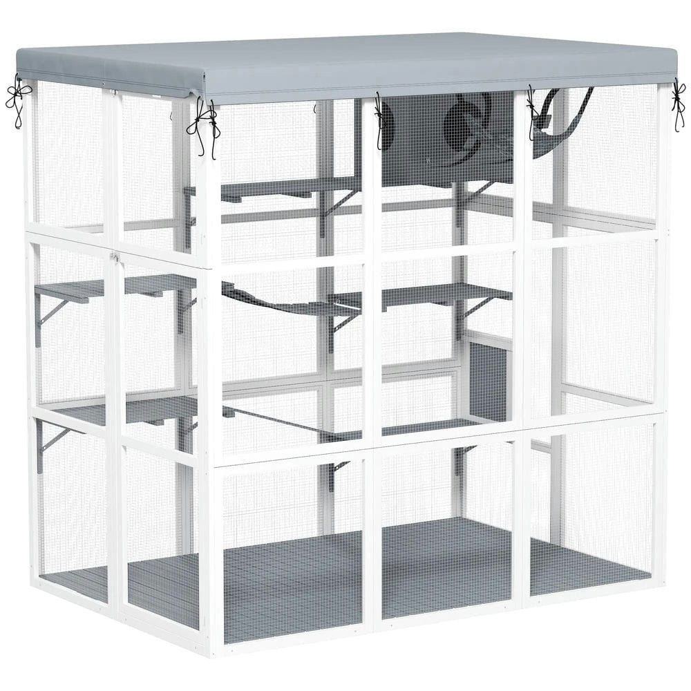 Topcobe Large Outdoor Catio Cat Enclosure with Hammock, Condo, Jump Platforms, Ladders, Ramps, Tarp, for 2-4 Large Cats, Outside Pet Shelter, Small Animal Habitat, Gray