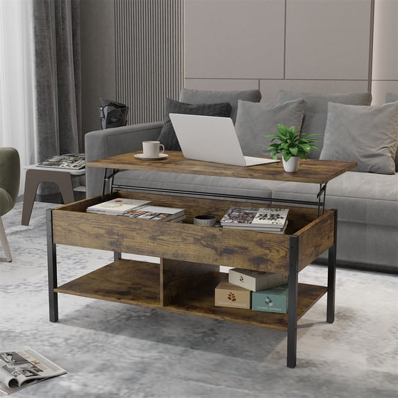 Topcobe Lift Tabletop Dining Center Table with Hidden Storage Compartment for Living Room Reception Room, Brown