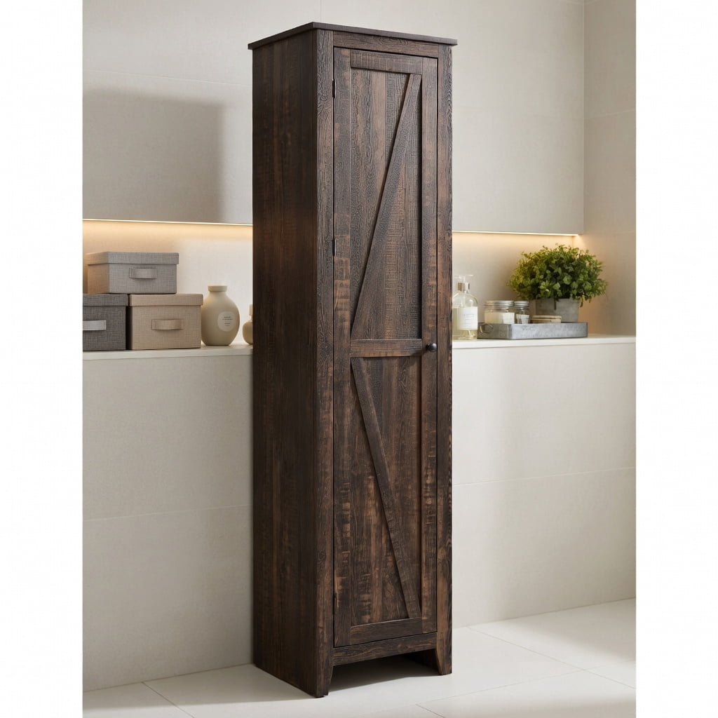 Topcobe Linen Tower Bathroom Storage Cabinet Tall Slim Side Organizer with Shelf, Bathroom Furniture, Toilet Storage Organizer, Walnut