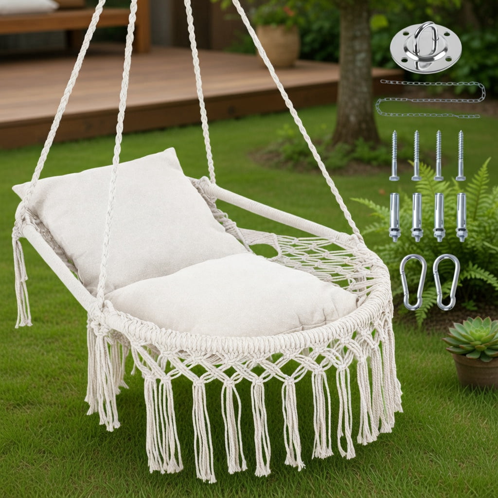 Topcobe Macrame Swing Chair Hammock Chair with 2 Removable Cushions, Front Porch Swing, Hanging Chair-Beige