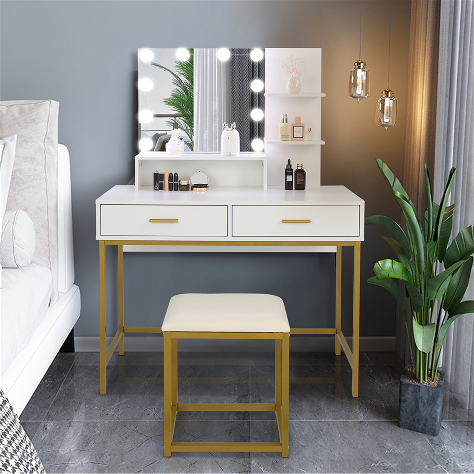 Topcobe Makeup Dressing Table with 10 LED Bulbs, Makeup Table with Mirror and Lights for Women, Girls, Bedroom, White Topcobe Makeup Dressing Table with 10 LED Bulbs, Makeup Table with Mirror and Lights for Women, Girls, Bedroom, White