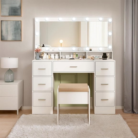 Topcobe Makeup Vanity Desk with Mirror 3-Color LED Lights and Charging Station, Modern Furniture for Indoor-White
