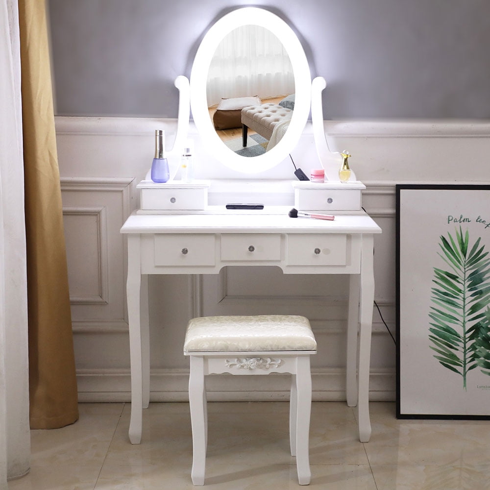 Topcobe Makeup Vanity Set, Vanity Table with Cushioned Stool, Makeup Vanity Desk for Bedroom, Makeup Table with Light Bulb, 360-degree Rotating Mirror, 2 Storage Boxes, 3 Drawers, White