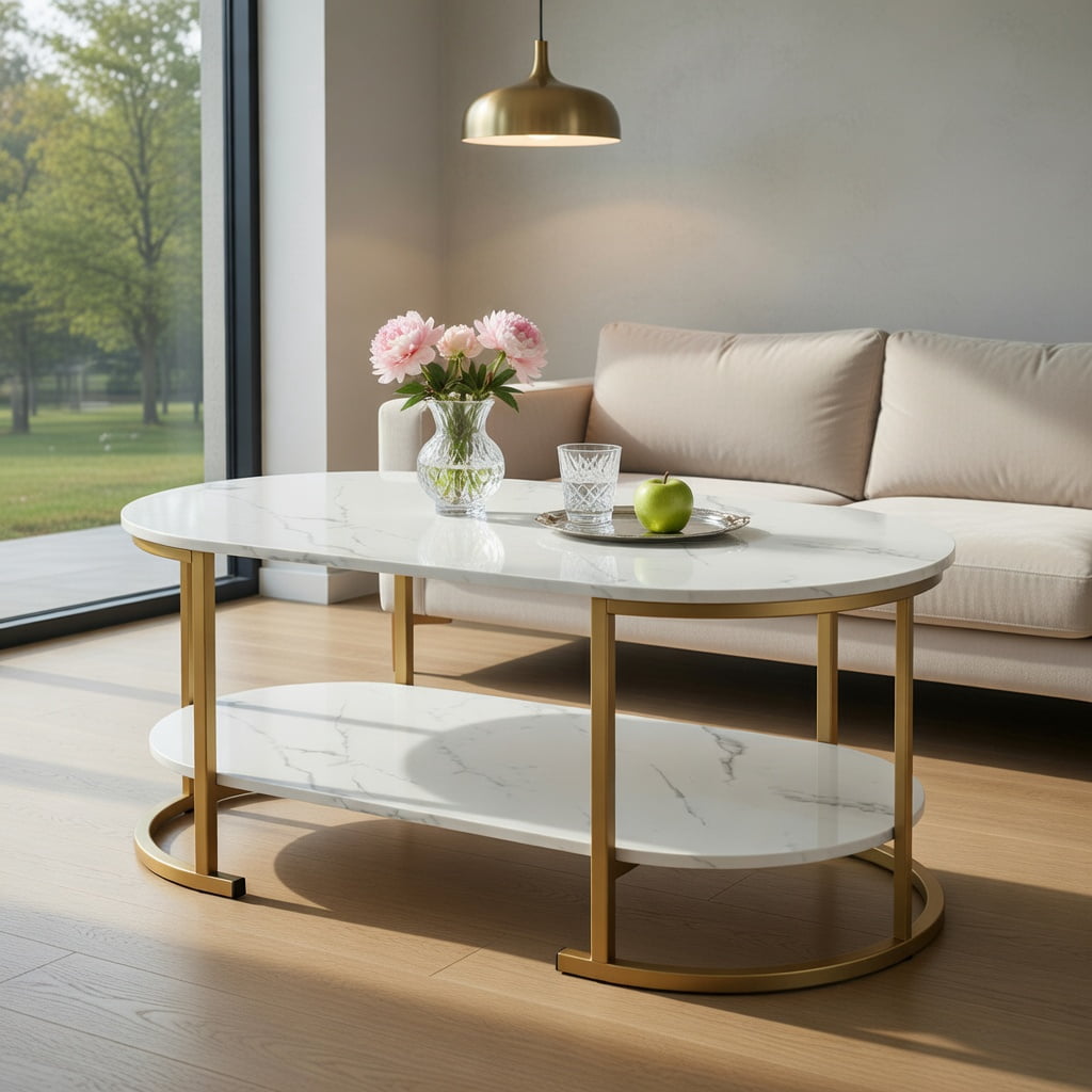Topcobe Marble Coffee Table with Open Storage Shelf, Living Room Furniture Table, Sofa Table, Fashion Design, White
