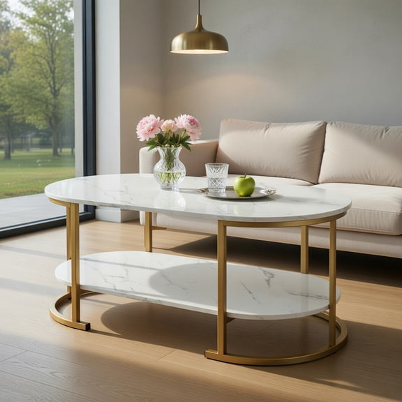 Topcobe Marble Coffee Table with Open Storage Shelf, Living Room Furniture Table, Sofa Table, Fashion Design, White