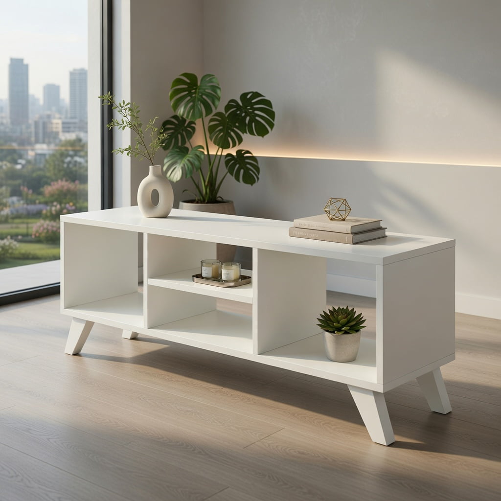 Topcobe Media TV Console Table with Raised Support Legs, Modern Furniture for Indoor, Living Room, White