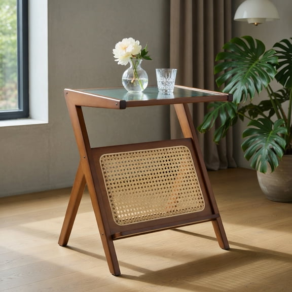 Topcobe Metal Frame End Table, Coffee Table with Magazine Rack and Tempered Glass Top with Charging Station, Side End Table for Living Room, Walnut