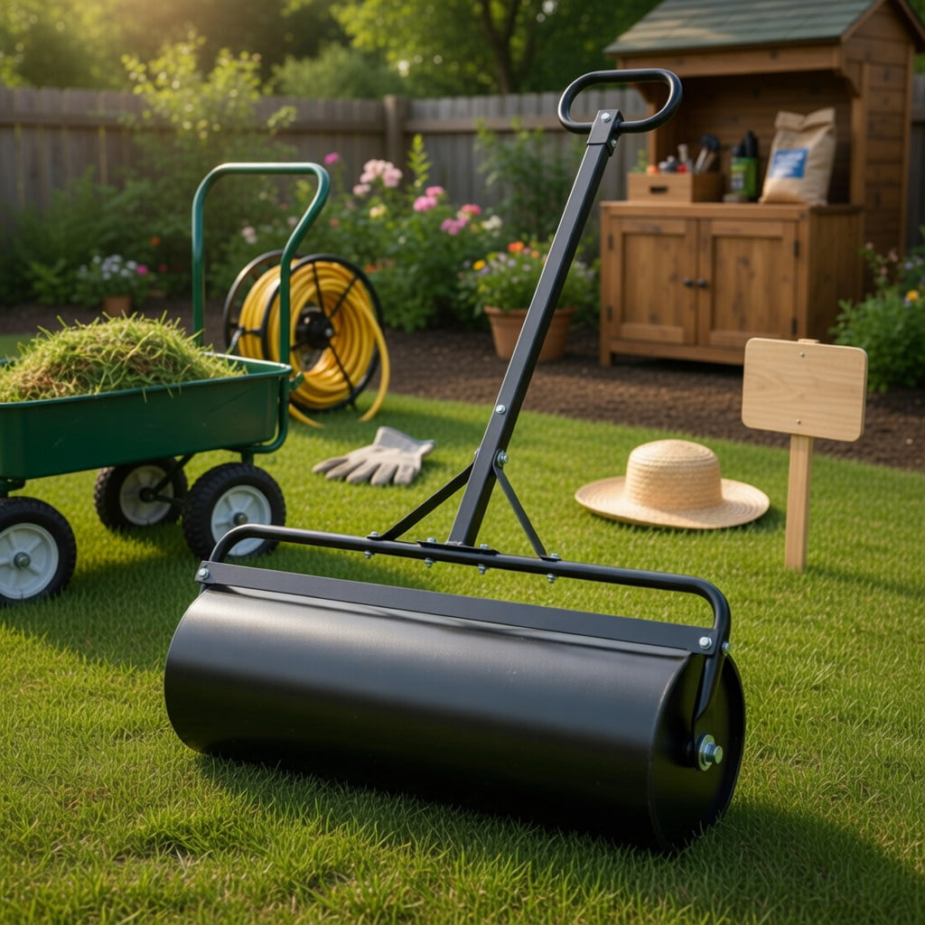 Topcobe Metal Lawn Roller with Detachable Gripping Handle, Lawn Roller Tow Behind, Yard Roller, Black
