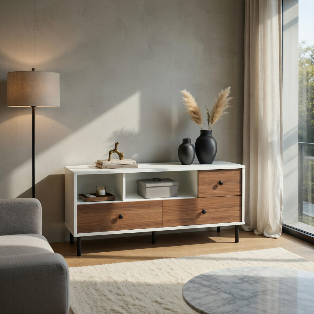 Topcobe Mid-Century TV Stand for 50" TVs with 2 Cubbies and 3 Drawers, TV Furniture for Living Room, Corner Entertainment Center