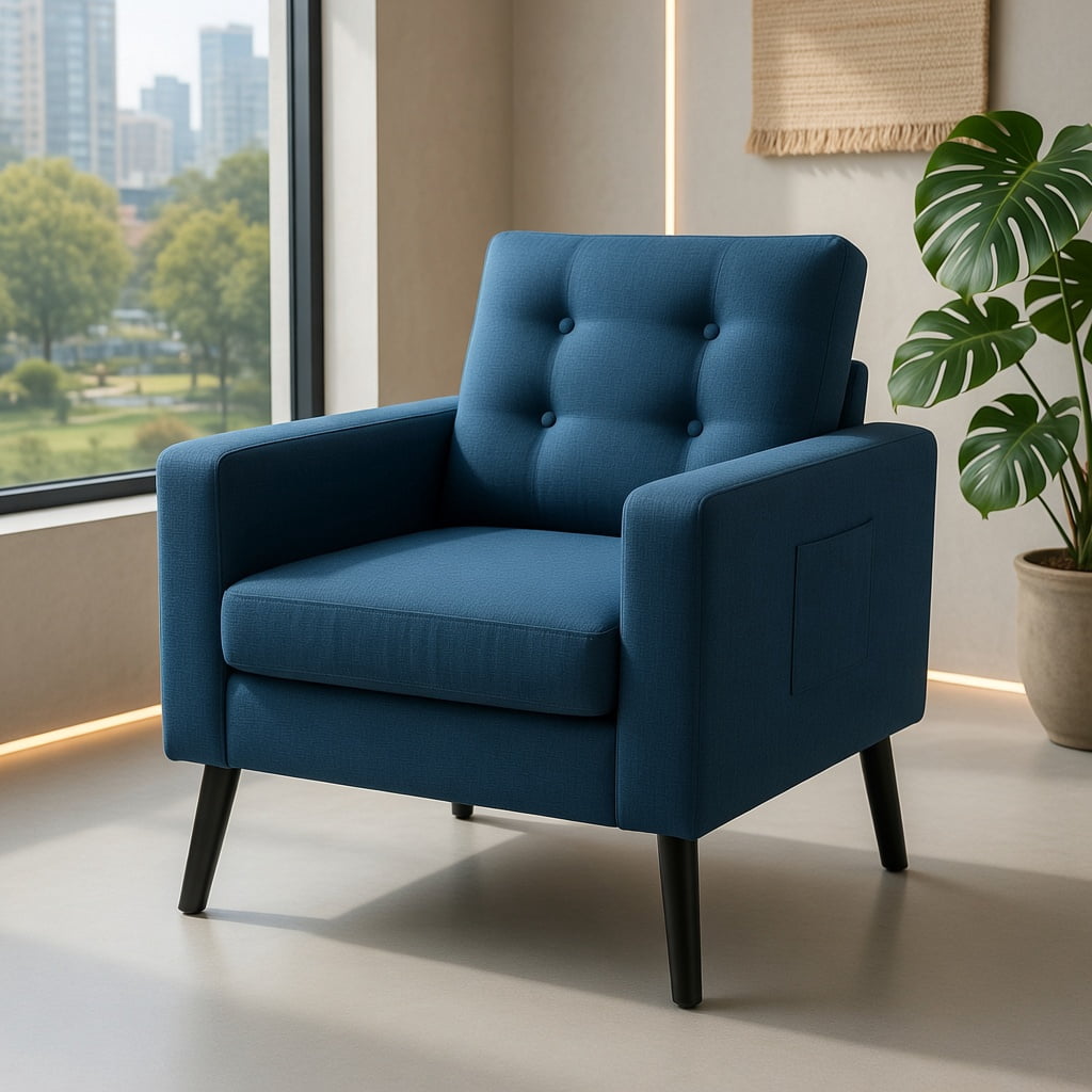 Topcobe Mid-Century Upholstered Armchair Club Chair with Rubber Wood Legs, Modern Armchair, Blue