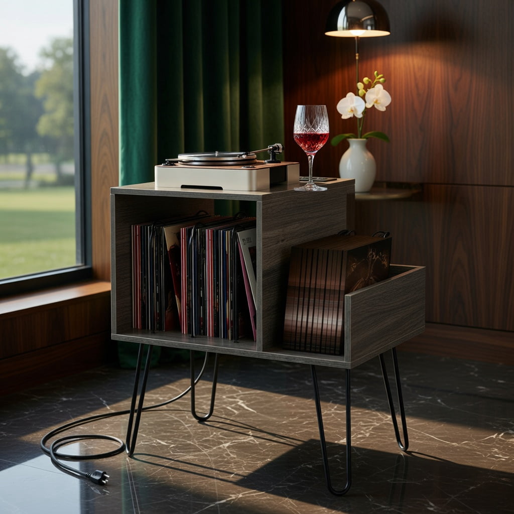 Topcobe Mid-century Record Player Stand with Power Outlet and Vinyl Divider, Modern Furniture for Living Room, Bedroom, Office-Gray