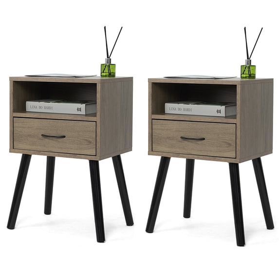Topcobe Minimalist Night Stand for Bedroom Living Room w/ Splayed Legs, 2 Pack Modern Design Lamp Table for Home Office Hotel, Portable Bedside End Table for Dorm Small Spaces w/ Shelf & Drawer, Brown