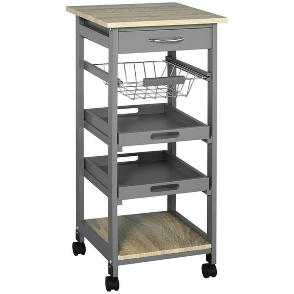 Topcobe Mobile Kitchen Cart, Rolling Kitchen Island with Storage, Solid Wood Frame Utility Cart with Wire Fruit Baskets, Trays and Drawer, Modern Furniture, Kitchen Island Carts for Indoor, Gray
